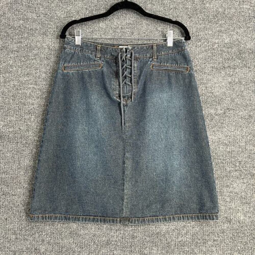 Vintage Y2K Halogen Denim Skirt Womens 10 Lace Up A-Line Boho Grunge Western